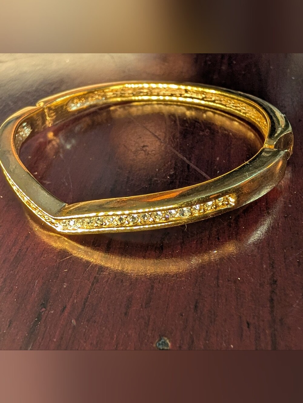 Vintage Gold Tone Hinged Bangle Rhinestone Bracelet Stamped Roman